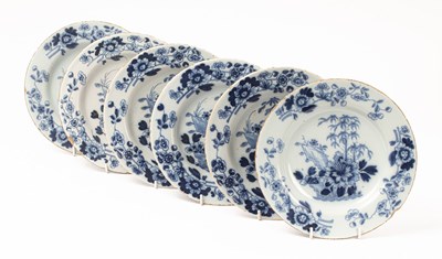 Lot 562 - Six Delftware blue and white plates, painted...