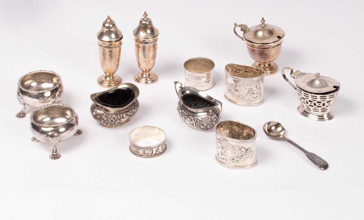 Lot 16 - Various silver salts, napkin rings, one silver...