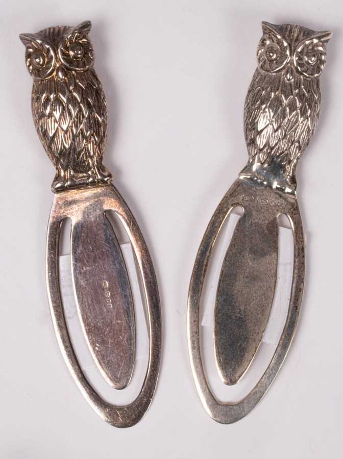 Lot 18 - Two silver owl book marks, both marked 925 and...