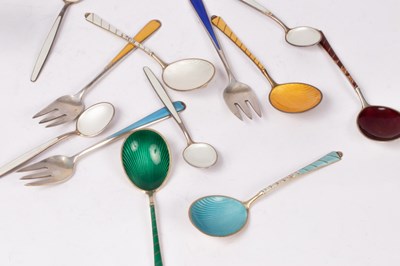 Lot 106 - A set of five Danish silver and enamel spoons,...