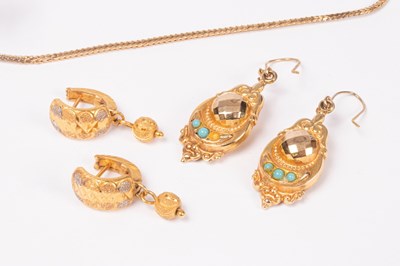 Lot 156 - A pair of 9ct gold drop earrings, set with...