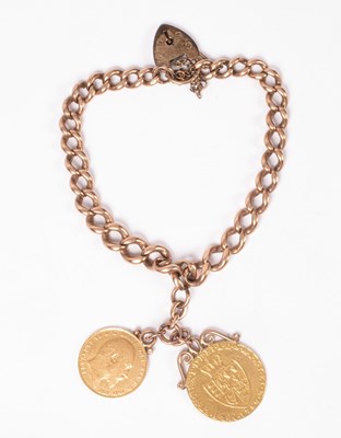 Lot 168 - A 9ct rose gold curb-link bracelet hung with a...