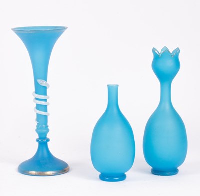 Lot 223 - Three French turquoise opaline glass vases,...