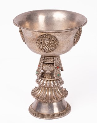 Lot 277 - A Tibetan white metal butter lamp, the bowl...