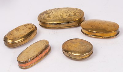 Lot 317 - Five Dutch brass tinder boxes, all oval with...