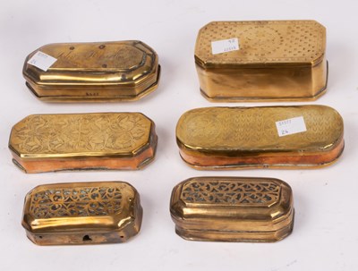 Lot 318 - Six Dutch brass tinder boxes, all with...