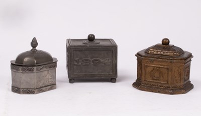 Lot 329 - Three tobacco boxes, one lead rectangular box...