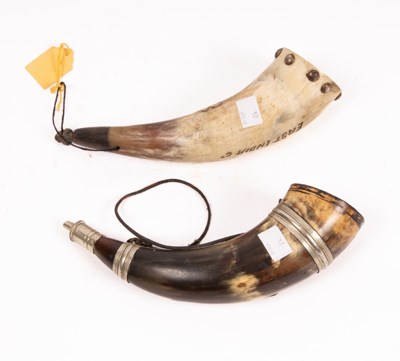 Lot 393 - A brass mounted powder horn inscribed 'East...