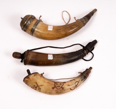 Lot 395 - An Eastern powder horn with metal mounts and...