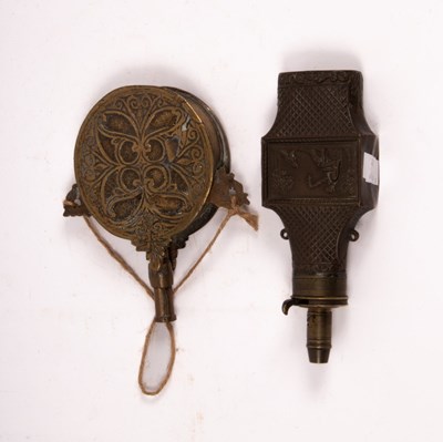 Lot 396 - A 19th Century copper powder flask with diaper...