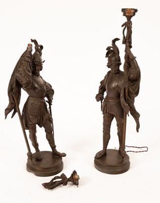 Lot 425 - A pair of spelter figures of armoured knights,...