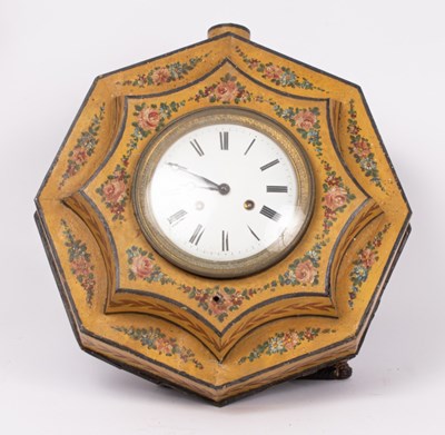 Lot 497 - A French Tole clock, yellow ground floral...