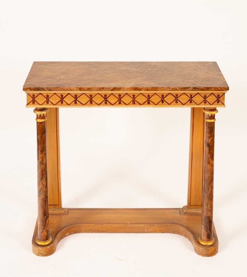 Lot 675 - A painted console table, the marble effect top...