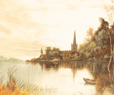 Lot 842 - Wilde-Latham/River Scene with Church/oil on...