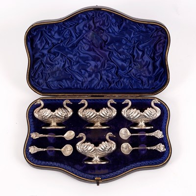 Lot 45 - A novelty set of four silver swan-shaped salts,...