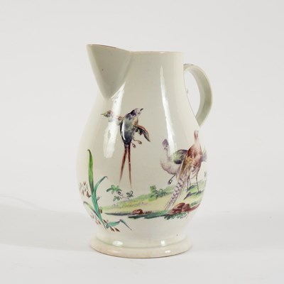 Lot 275 - A Derby cider jug, circa 1765, painted exotic...