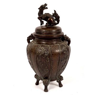 Lot 363 - A Japanese bronze koro with dragon finial,...