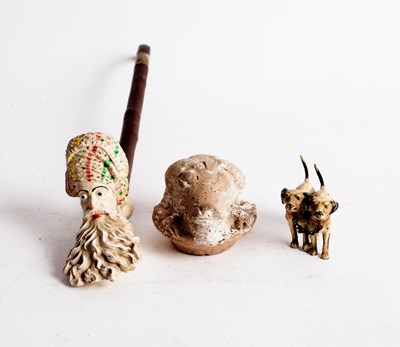 Lot 408 - A pipe, the clay bowl inscribed Jacob, a ram's...