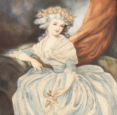 Lot 496 - A silk needlework portrait of a young lady, 13....