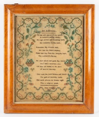 Lot 501 - A George IV needlework sampler of an address...