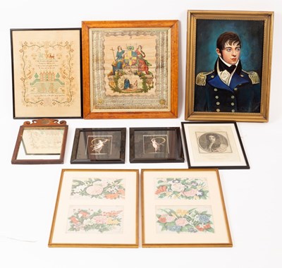 Lot 505 - A printed linen panel of Masonic scenes within...