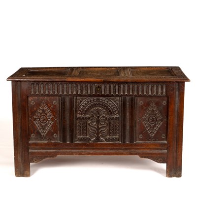 Lot 563 - A Jacobean carved and panelled oak coffer,...