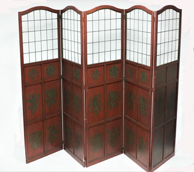 Lot 643 - A five-panel, four-fold screen with leaded...