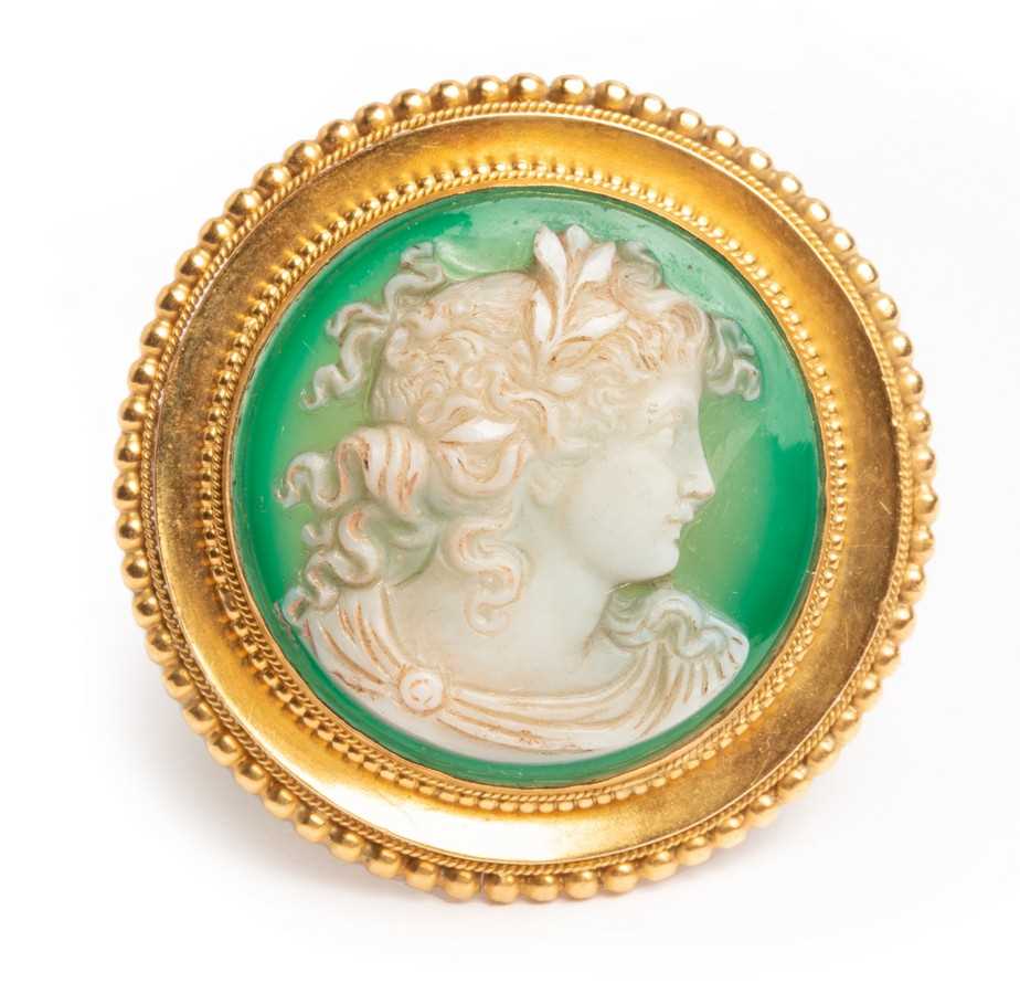 Lot 9 - A late 19th Century chrysoprase circular cameo...