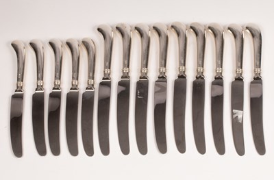 Lot 108 - A set of nine silver handled table knives, ELP,...