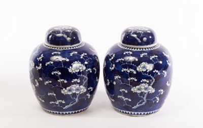 Lot 599 - A pair of blue and white Chinese prunus jars...