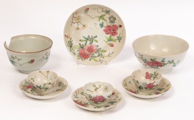 Lot 633 - Three famille rose tea bowls and saucers, Qing...