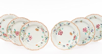 Lot 634 - Six Chinese export famille rose soup plates,...