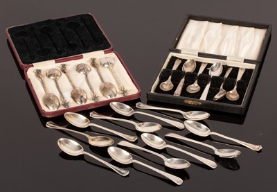 Lot 95 - Three sets of six silver coffee spoons and a...