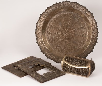 Lot 119 - A Burmese white metal box, a plate and a pair...