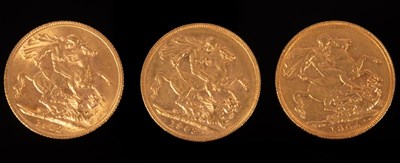 Lot 133 - Three gold sovereigns, 1903, (P), 1904 (P) and...