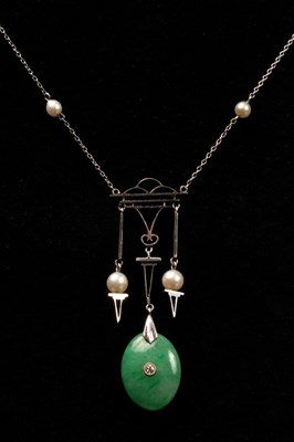 Lot 161 - A jade, diamond and pearl pendant necklace,...