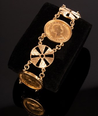 Lot 177 - Three gold sovereigns mounted as a bracelet,...