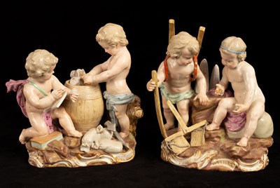 Lot 423 - Two Meissen figure groups of trading putti,...