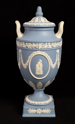 Lot 439 - A Wedgwood pale blue jasper two-handled vases...