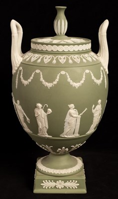 Lot 442 - A Wedgwood sage jasper two-handled vase and...