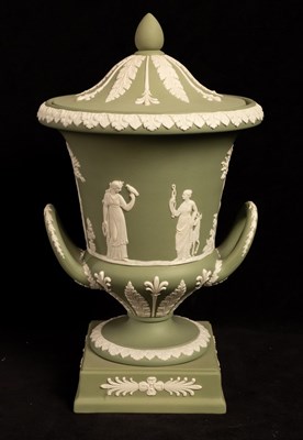 Lot 443 - A Wedgwood sage jasper two-handled urn-shaped...