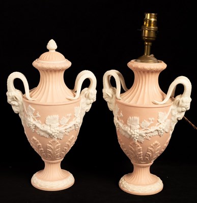 Lot 453 - A pair of Wedgwood pink jasperware vases,...