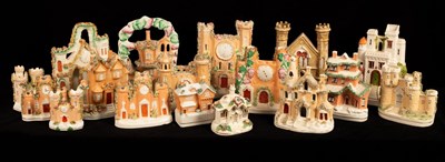 Lot 466 - Seventeen Staffordshire flatback spill vases...