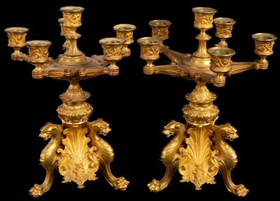 Lot 537 - A pair of gilt metal table candelabra, late...