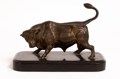 Lot 540 - A bronze figure of a bull, 19th Century, on a...