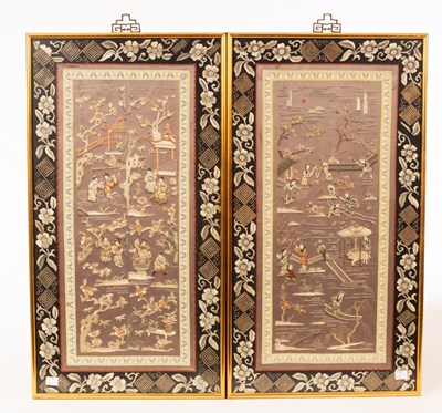 Lot 935 - A pair of Chinese silk embroidered panels,...