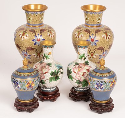 Lot 942 - Three pairs of Chinese cloisonné vases, 20th...