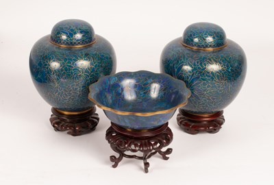 Lot 943 - A pair of Chinese cloisonné ginger jars with...