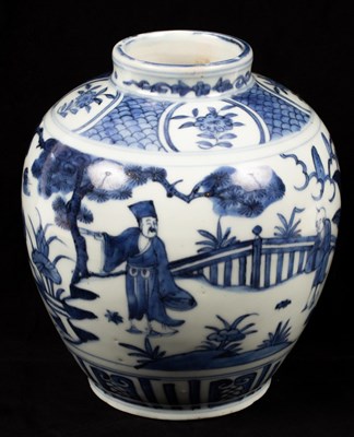 Lot 1019 - A Chinese blue and white jar, decorated a...