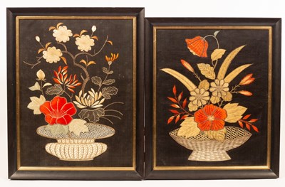 Lot 1048 - A pair of Japanese silk embroidered pictures,...